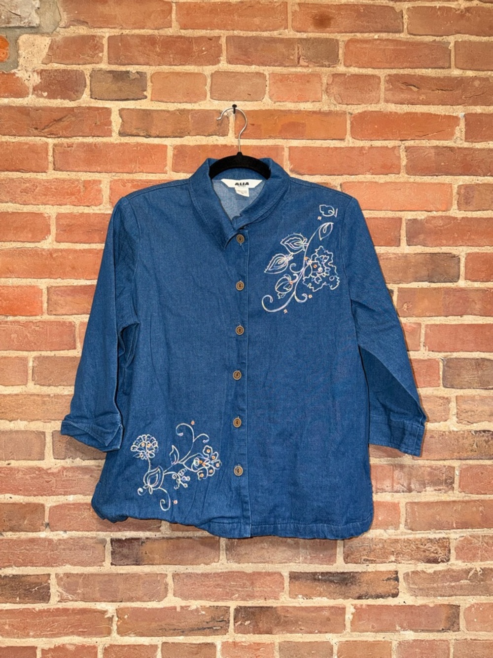 Embroidered denim button up shirt
